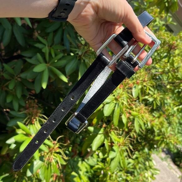 Vintage Eddie Bauer Black Leather Belt L Silver Buckle Link Detail 29–33" - Picture 7 of 7